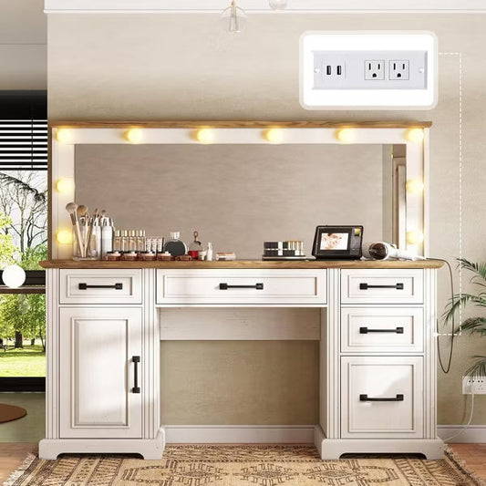 AMERLIFE 55" W Makeup Vanity with Hollywood Mirror, Glass Top Vanity with 5 Drawers