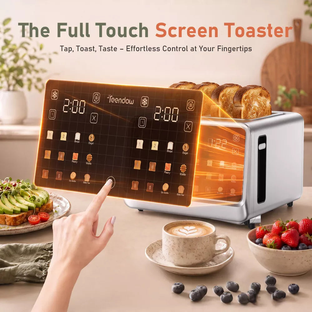 Teendow Touch Screen Toaster 4 Slice, 1800W Stainless Steel Digital Smart Toaster with Dual Controls, 6 Shade Levels for Bagels, Bread, and Pastries
