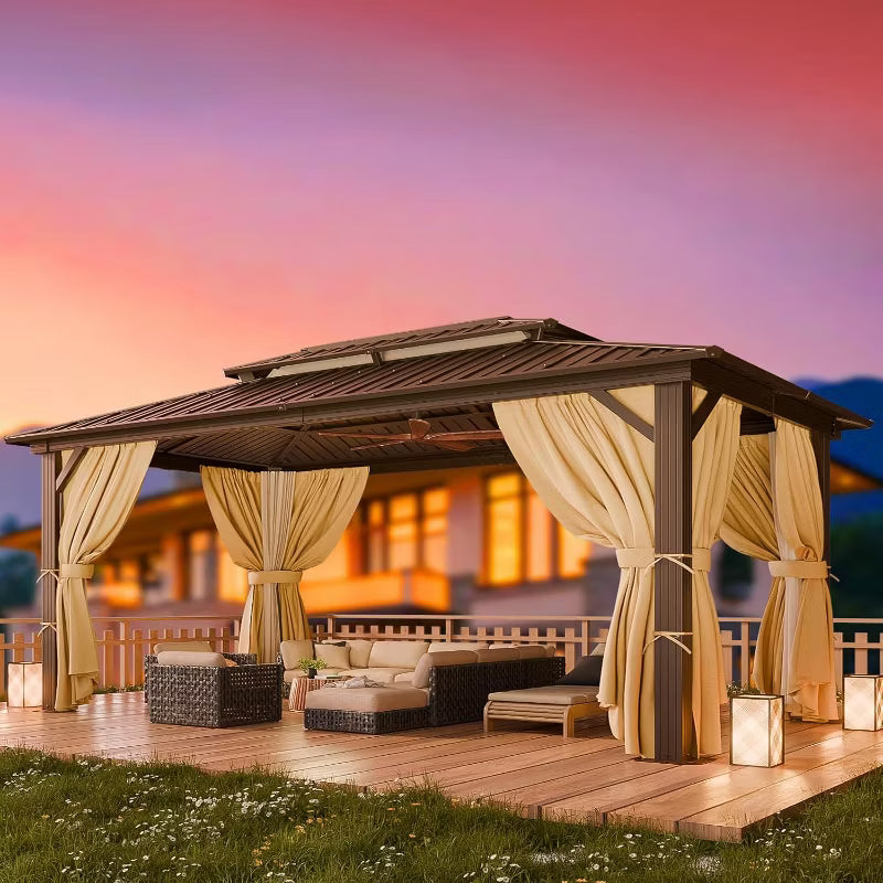 HOTEEL 10x15FT Hardtop Gazebo with Galvanized Steel Double Roof,Heavy Duty Gazebo with Curtain & Netting