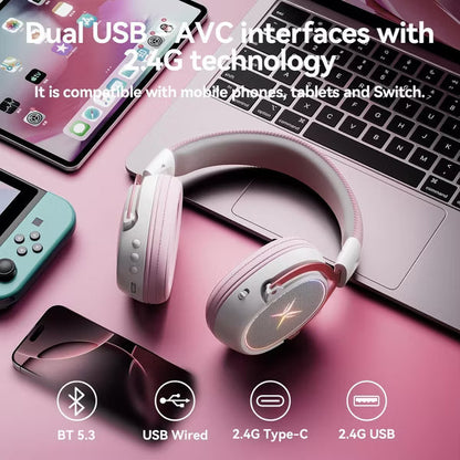 TAGRY K3 2.4GHz Wireless Gaming Headsets 7.1 Surround Sound Bluetooth Headphones 70H Playtime ENC Noise Cancelling Over Ear Game Headphone with Mic