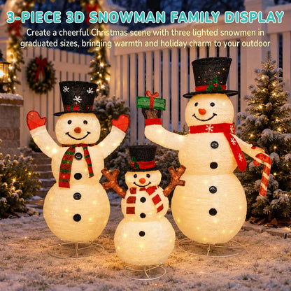 Romswi 3-Piece Pre-Lit Pop-Up Snowman Family Lighted Outdoor Christmas Decoration Xmas Holiday Decor w/ 250 LED Lights for Yard Porch Patio Garden