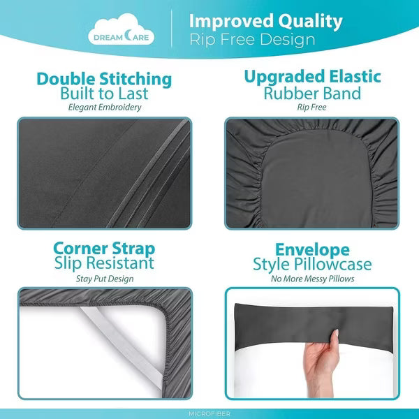 Hoey Queen Size 4-Piece Microfiber Sheet Set – Deep Pocket Bed Sheets with Embroidered Pillowcases (Gray)