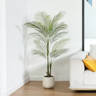 DR.Planzen 5FT Faux Palm Trees with Oval White Planter, Pre Potted Fake Greenry Palm Tree for Home Decor