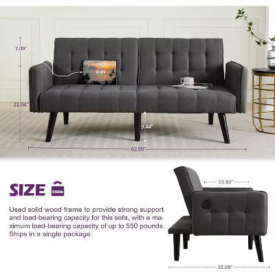 65" Convertible Faux Leather Futon Sofa Bed, Modern Upholstered Couch with USB, Folding Loveseat for Small Space, Apartment, Dorm, Office