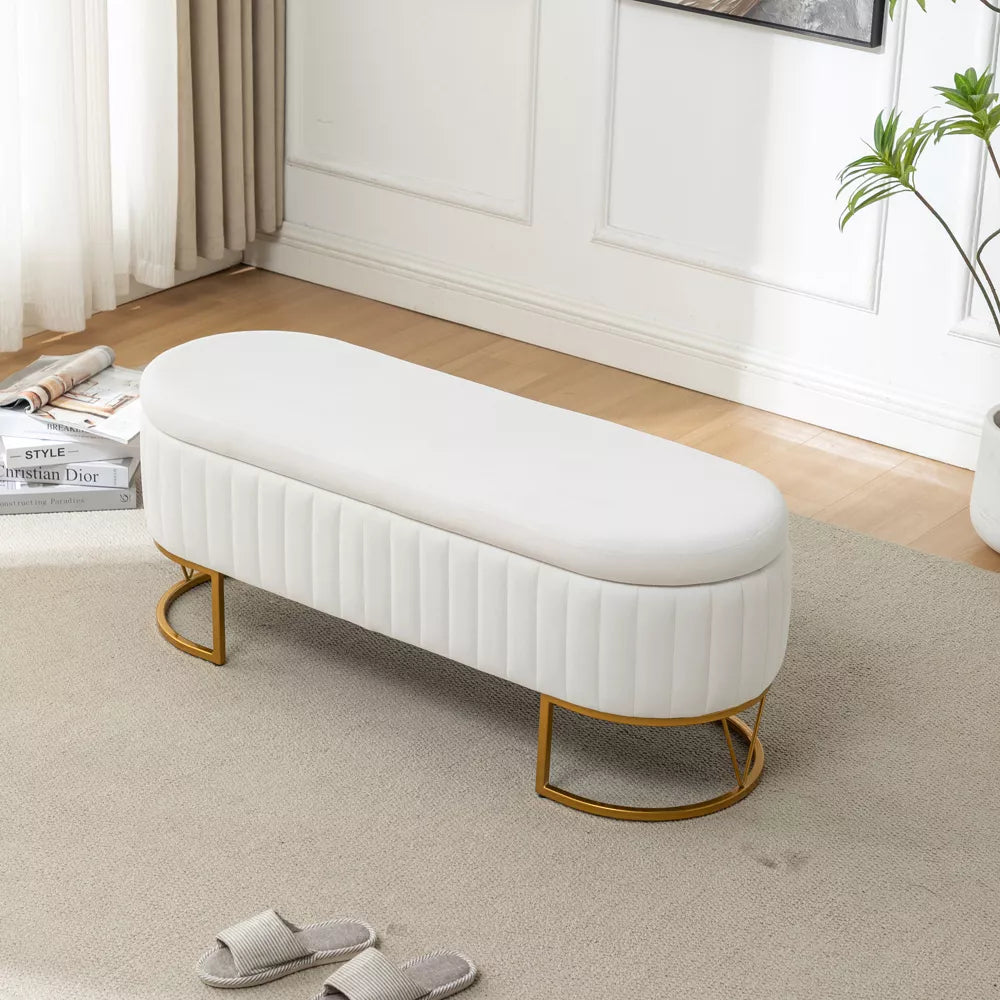 Laukingdom Storage Bench, Velvet Oval Upholstered End of Bed Bench with Golden Metal Legs, Modern Storage Ottoman Bench for Bedroom,Living Room, Ivory