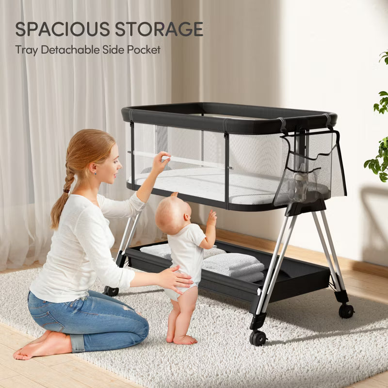 Fodoss Baby Bassinet Bedside Sleeper with Wheels & Storage Tray, Portable Crib for Newborns