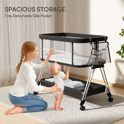 Fodoss Baby Bassinet Bedside Sleeper with Wheels & Storage Tray, Portable Crib for Newborns