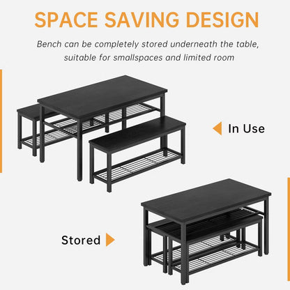 Hooseng 3-Piece Kitchen Table Chairs Set, Dining Table Set for 4, Rectangle Dining Room Table Set with Two Benches, Metal Frame for Small Spaces