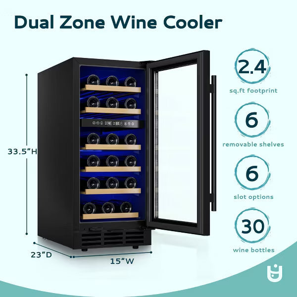 EUHOMY 28 Bottle 3.07 Cu.Ft Wine Fridge- Dual Zone Wine Refrigerator- Digital Control- Black
