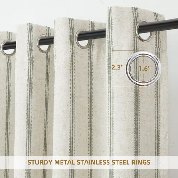 DriftAway Farmhouse Linen Blackout Curtains for Living Room Striped Lined Grommet Rustic Drapes Loden Green Stripe 52X84