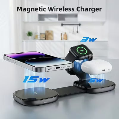 3-in-1 Foldable Magnetic Charger Fast Charging Station with Independent Coils, Strong Magnetic Hold for iPhone Apple Watch AirPods – Black