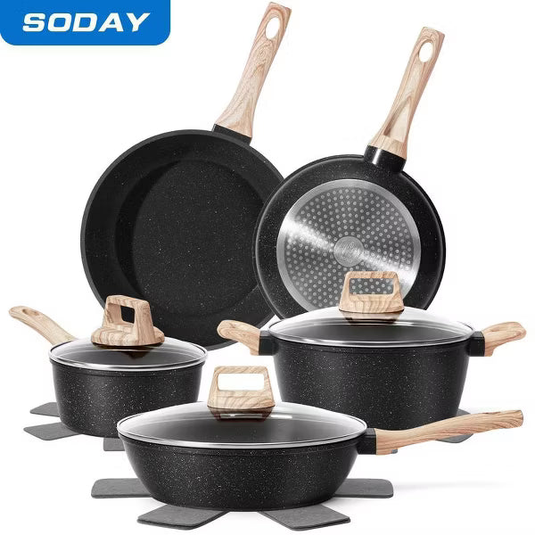 SODAY 12pcs Pots and Pans Set Non Stick Kitchen Cookware Sets Induction Cookware Nonstick Granite Cooking Set with Frying Pans, Saucepans.