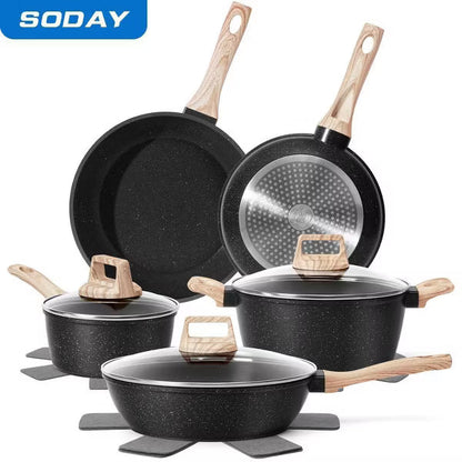 SODAY 12pcs Pots and Pans Set Non Stick Kitchen Cookware Sets Induction Cookware Nonstick Granite Cooking Set with Frying Pans, Saucepans.