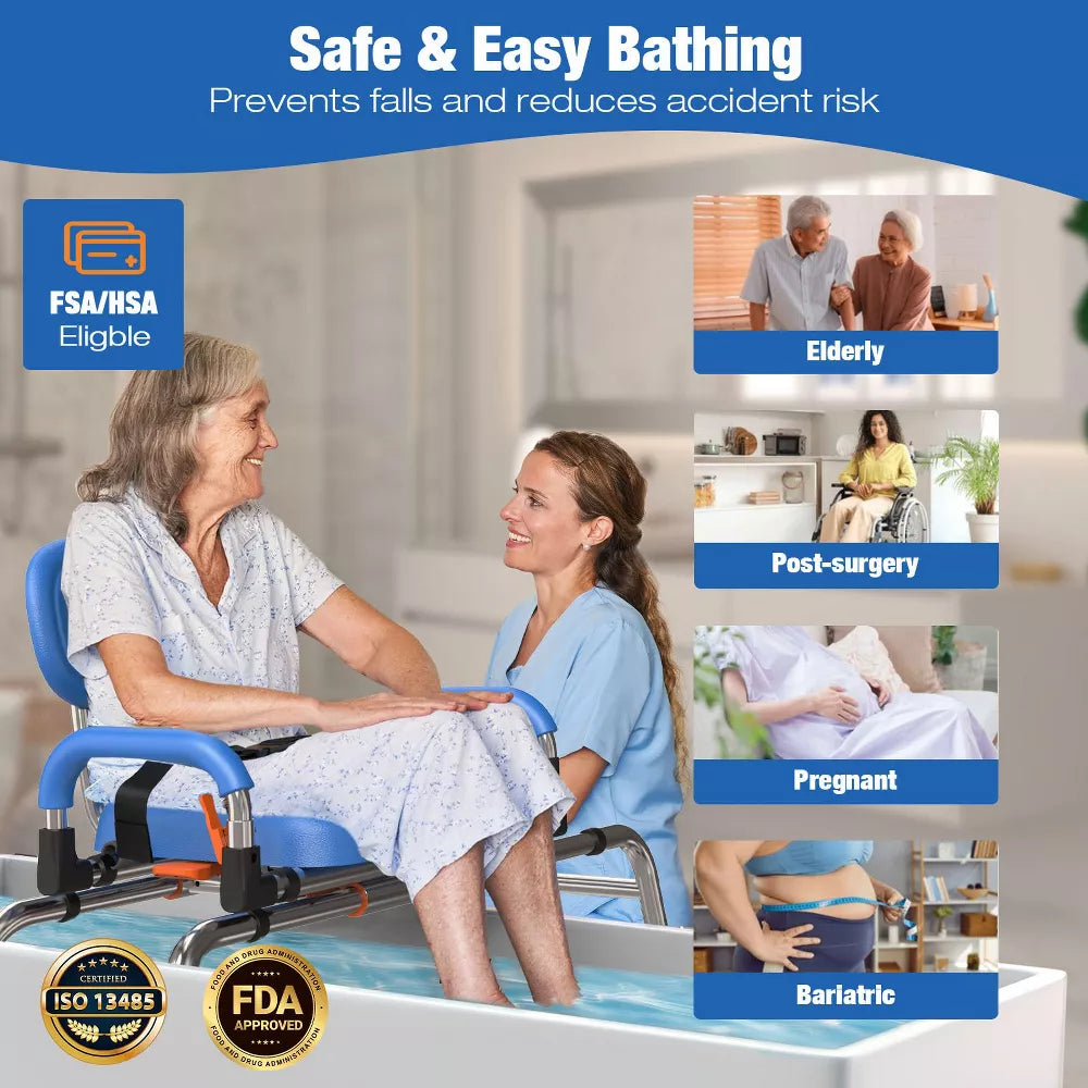 WHLICKS Sliding Shower Chair with Wide 360° Swivel Seat, 450lbs Tub Transfer Bench for Bathtub, Adjustable Height and Arms Width Shower Seat