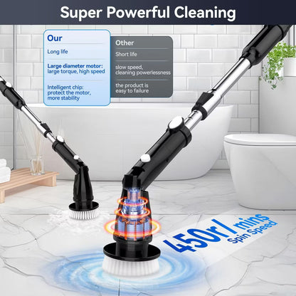 TASVAC EB5 Electric Spin Scrubber, 450RPM Cordless Shower Cleaner with 5 Replaceable Cleaning Heads and Adjustable Extension Arm