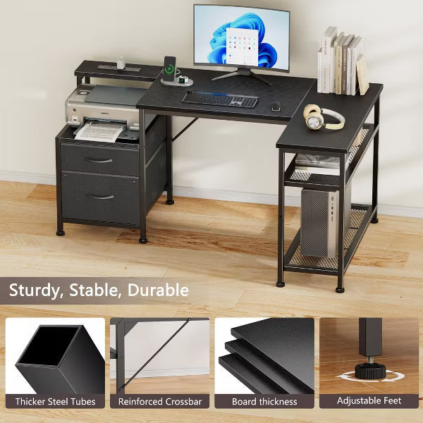 Qwatto 49" Black L Shaped Computer Desk with 2 Drawers and Charging Station Corner Gaming Desk with Storage Shelves Home Office Writing Workstation