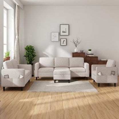 Mjkone 78" Linen Sectional Couches Set ,3-Seater Sofa with Storage Ottoman and Loveset Sofa and Armchair -Beige