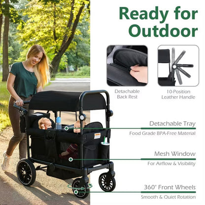 Folding Wagon Stroller for 2 Kids, Adjustable Handle, All-Terrain Shock-Absorbing Wheel, Detachable Tray, Diaper Bag