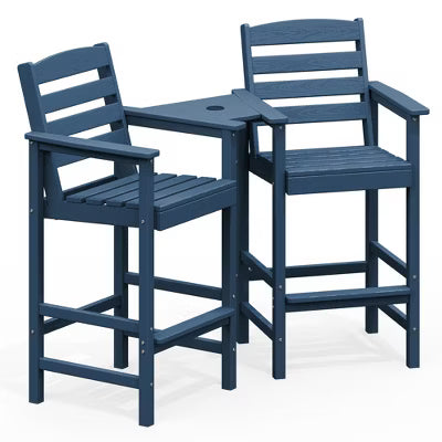Hyleory HDPE Adirondack Bar Height Loveseat with Built-In Side Table, 2-Person Outdoor Double Chair