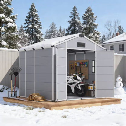 EROMMY 8 X 8 FT Outdoor Storage Shed, Weather-Resistant Shed With Lockable Double Doors & Built-In Floor, Sloped Roof Outdoor Shed For Backyard