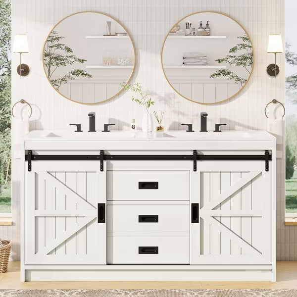 AMERLIFE Double Farmhouse Bathroom Vanity with Sink, with Sliding Doors & Drawers