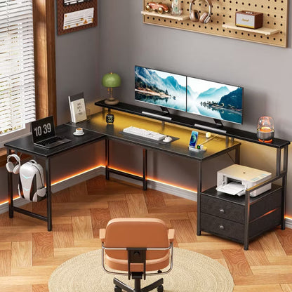 Qwatto 66 Inch Black L Shaped Computer Desk with Charging Station Reversible Gaming Desk LED Lights 2 Drawers Monitor Stand Storage Home Office