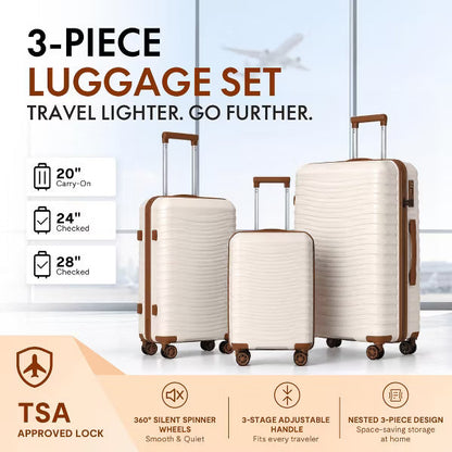 3-Piece ABS Hardshell Luggage Set, Lightweight Suitcases with 4 Spinner Wheels, TSA Lock, Scratch Resistant, 20"/24"/28",Beige