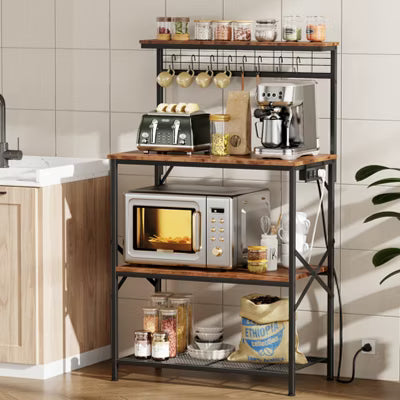 Qwatto Kitchen Bakers Rack with Power Outlets 31.5 -inch Coffee Bar Station 4 Tier Microwave Stand Storage Shelf with S Hooks Brown Utility Table
