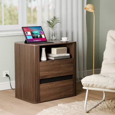 Qwatto Unique Walnut Nightstand Charging Station 2 Drawers Roller Blind Design Rounded Modern Bedside Table Mid Century End Table Bedroom Storage