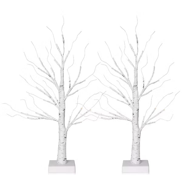 DR.Planzen 24" White Birch Christmas Tree Set of 2, LED Lighted Artificial Mini Trees with Warm Lights, Gift Card Display Trees for Home Holiday Decor