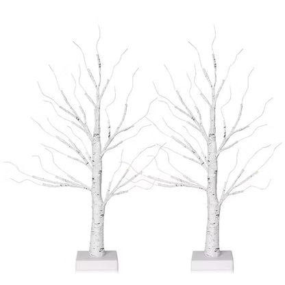 DR.Planzen 24" White Birch Christmas Tree Set of 2, LED Lighted Artificial Mini Trees with Warm Lights, Gift Card Display Trees for Home Holiday Decor