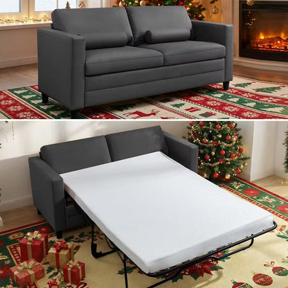Mjkone Loveseat Sofa Bed, Leather 2-in-1 Sleeper Sofa With Foldable Mattress, Pull out 2-Seater Couch With Metal Frame,Queen,Grey