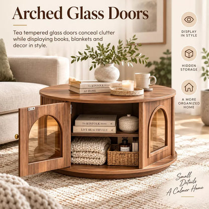 LauKingdom 31.5" Round Coffee Table with Storage, Arched Glass Door Pet House Table in Walnut Wood Grain, Mid-Century Modern Furniture for Living Room