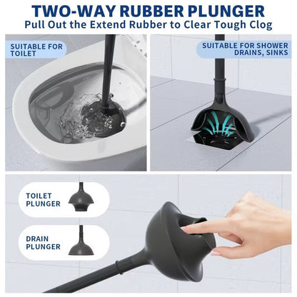 Toilet Bowl Brush Plunger Set with Extended Handle 2-in-1 , Toilet Brush Bristle Plunger Combo 1 Set, Black