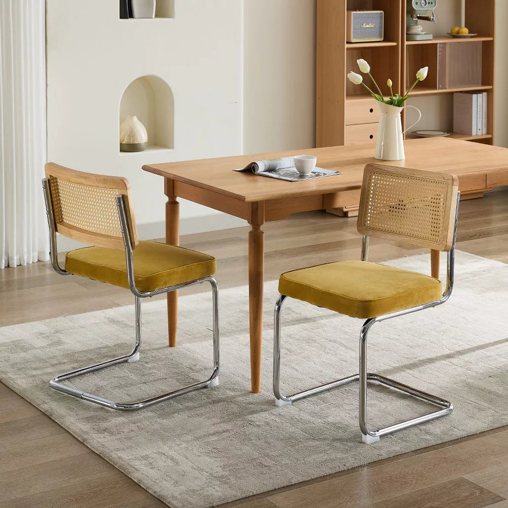 Rattan Dining Chairs Set of 2, Modern Kitchen Chairs with Solid Wood Back & Chrome Base, Upholstered Velvet Fabric for apartment,Dorm Room