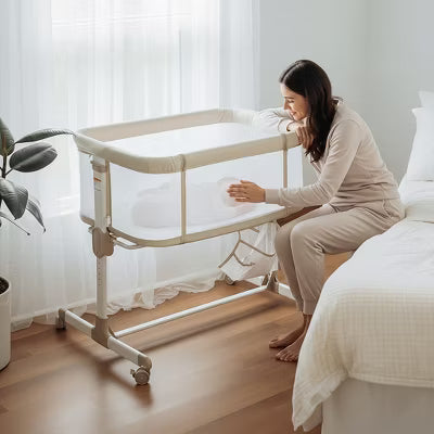 Fodoss All Mesh Bedside Bassinet for Baby, Bedside Sleeper with Wheels, 7-Position Height Adjustable Infant Bassinet, Beige