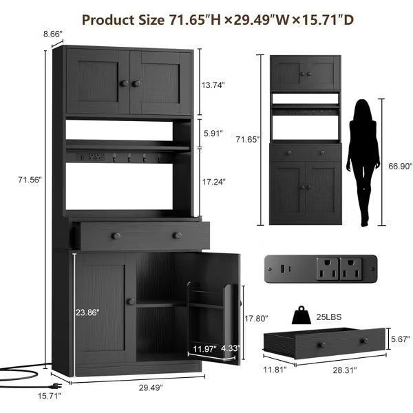 Qwatto 71'' Black Kitchen Pantry Storage Cabinet Farmhouse Freestanding Microwave Stand with Hutch Doors and Drawers for Dining Room and Coffee Bar