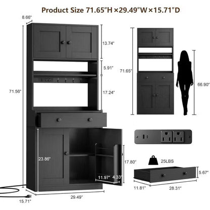 Qwatto 71'' Black Kitchen Pantry Storage Cabinet Farmhouse Freestanding Microwave Stand with Hutch Doors and Drawers for Dining Room and Coffee Bar