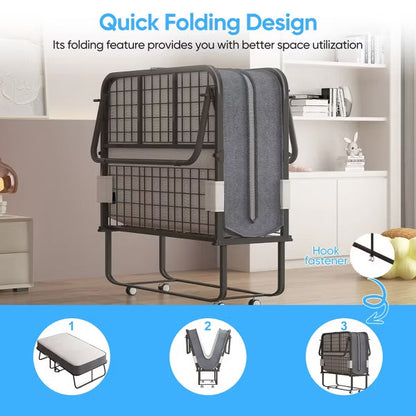 Mjkone Folding Bed with 5''Mattress,Portable Guest Bed Camping Cot,Soft Padded Rollaway Sleeping Bed-75x51''Twin