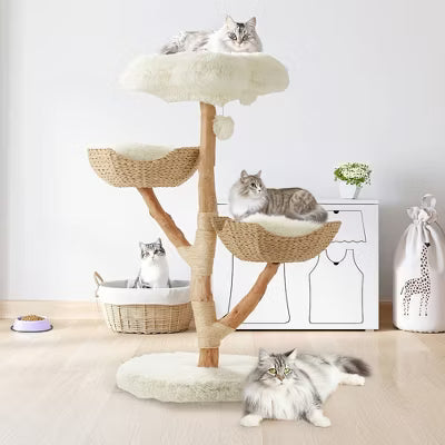 EROMMY Natural Wood Cat Tower, Cute Cat Tree for Indoor Cats, White