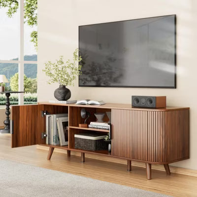 Qwatto Curved Edge TV Stand Walnut Finish Media Console for 65 Inch TV Modern Fluted Door Credenza with Storage Mid Century Living Room Furniture