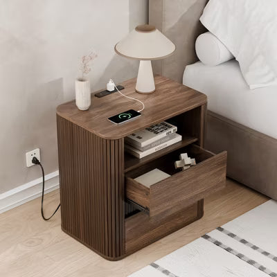 Qwatto Unique Walnut Nightstand Charging Station 2 Drawers Roller Blind Design Rounded Modern Bedside Table Mid Century End Table Bedroom Storage