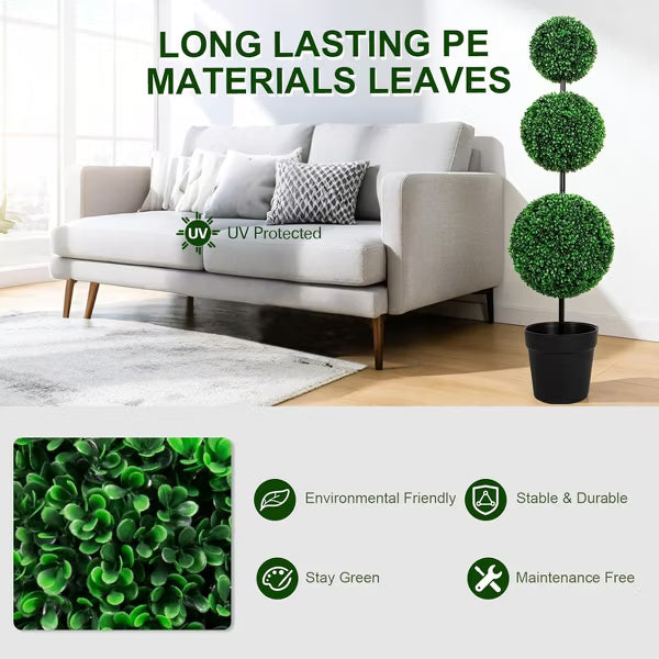ROMSWI 3FT Artificial Triple Ball Boxwood Topiary Tree 2 Pack UV Resistant Faux Topiary Plant for All-Season Home Office Porch Entryway Decor