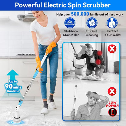 TASVAC EB5 Electric Spin Scrubber, 450RPM Cordless Shower Cleaner with 5 Replaceable Cleaning Heads and Adjustable Extension Arm