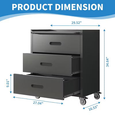 VIYET 35"H 3-Drawer Heavy-Duty Steel Storage Cabinet with Lockable Wheels, 200LBS Capacity for Garage/Office/Home Organizer (Black)