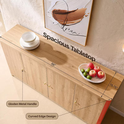 Kitchen Buffet Sideboard Cabinet with 4 Doors and Shelves, Modern Large Sideboard Buffet Storage Cabinet, 66" Coffee Bar Storage Cabinet