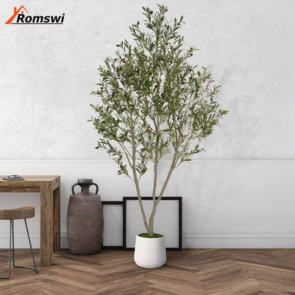 Romswi Faux Olive Tree with Oval White Planter, 7 FT Tall Faux Olive Trees, with Natural Wood Trunk Lifelike Fruits, Fake Greenry Plant for Home Decor