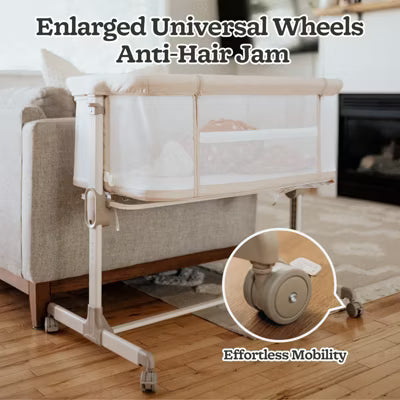 Fodoss All Mesh Bedside Bassinet for Baby, Bedside Sleeper with Wheels, 7-Position Height Adjustable Infant Bassinet, Beige