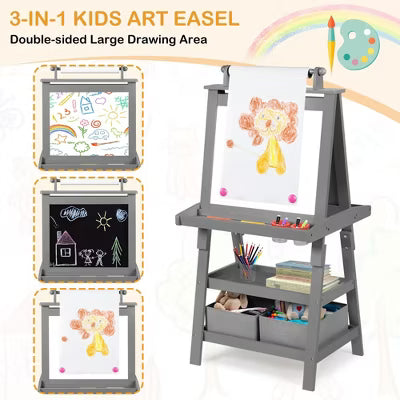 TODECARE Wooden 3-in-1 Kids Art Easel with Magnetic Whiteboard, Chalkboard, Paper Roll and Storage, Pink