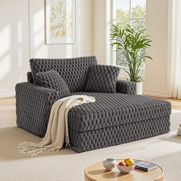 KERDOM Chaise Lounge Chair 53'' Comfy Oversized Reading Chair Fluffy Plush Cozy Couch Sofa Bed with Armrests and Pillows, for Living Room, Bedroom